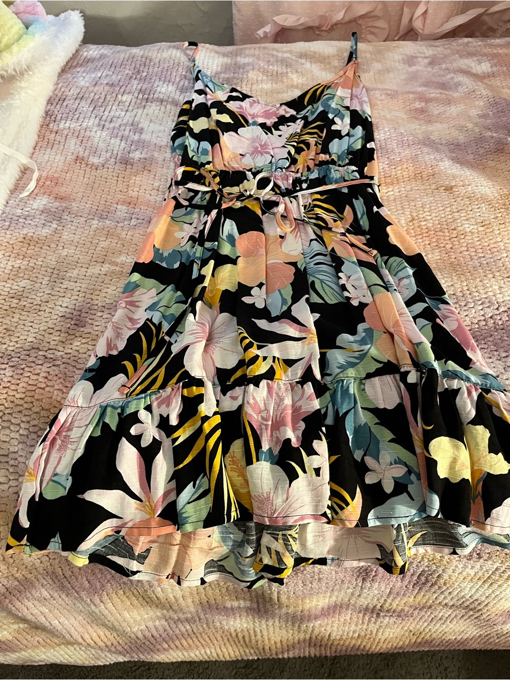 Hurley Floral Black Multi Spaghetti-Strap Dress